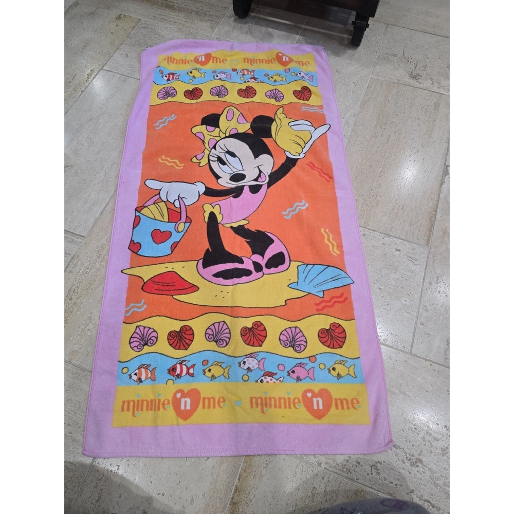 Vintage Minnie 'n‎ Me Mouse Beach Bath Towel Franco Pink Orange Fish 52x28
